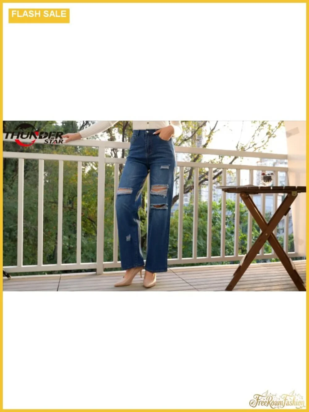 High Waisted Wide Leg Distressed Stretch Jeans for Women